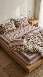 Cream & Magenta Pink Green Floral Sanganeri hand block print cotton bedsheet set | Jaipur Indian hand block print bedsheet with pillow shams | House of Avana
