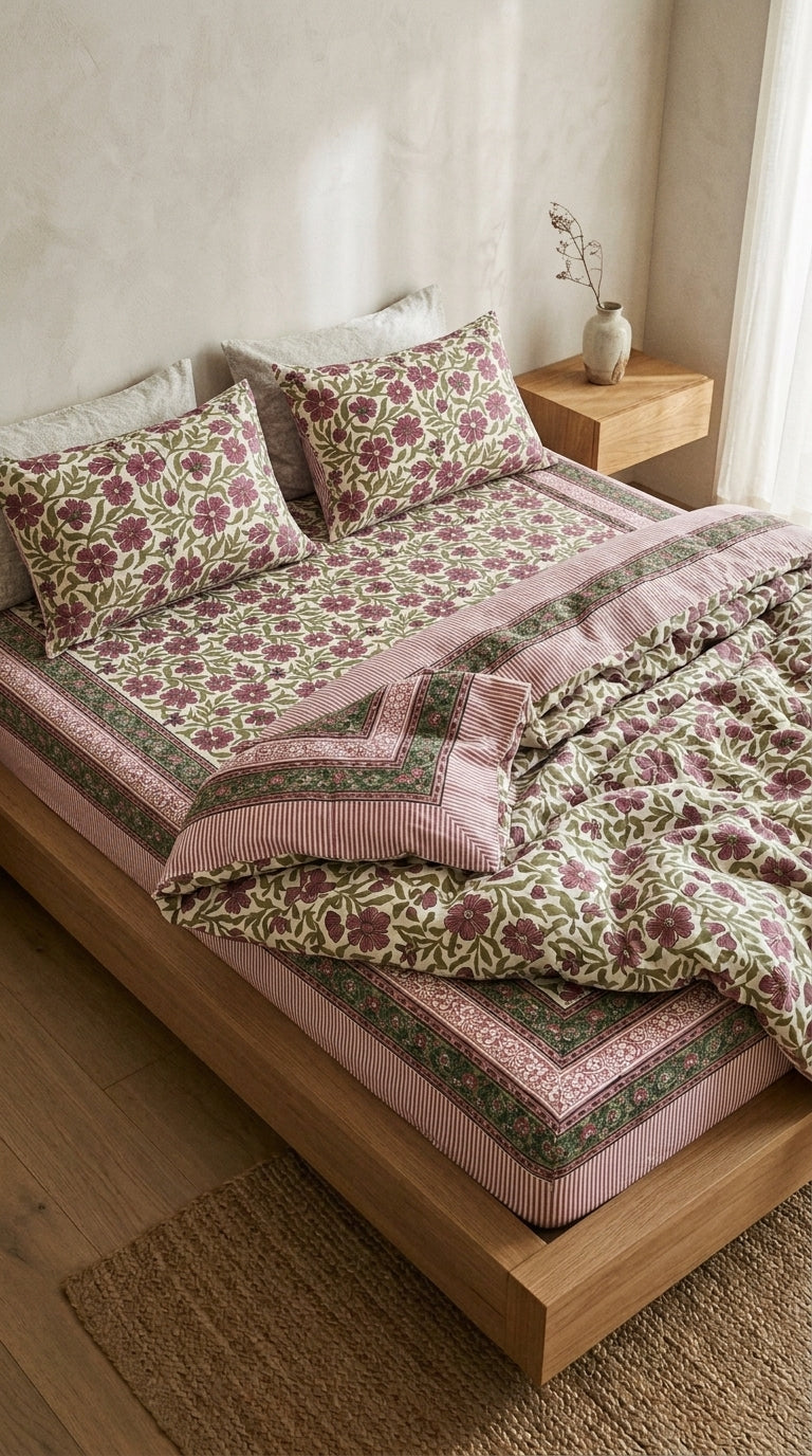 Cream & Magenta Pink Green Floral Sanganeri hand block print cotton bedsheet set | Jaipur Indian hand block print bedsheet with pillow shams | House of Avana