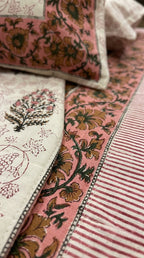 Cream & Rose Pink Floral Sanganeri hand block print cotton bedsheet set | Jaipur Indian hand block print bedsheet with pillow shams | House of Avana