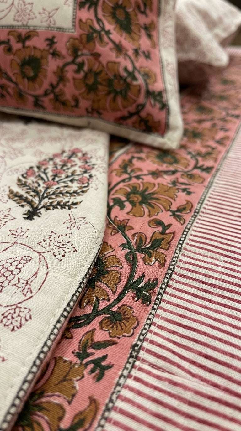 Cream & Rose Pink Floral Sanganeri hand block print cotton bedsheet set | Jaipur Indian hand block print bedsheet with pillow shams | House of Avana [[SKU:HOA-IND-BS-RPGN-002]]