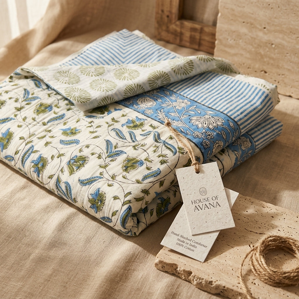 Cream & Blue & Green Floral Jaipur Indian hand block print floral quilted comforter | Jaipur Indian hand block print cotton muslin quilted comforter | Sanganer floral block print bedding | Queen King size quilt India | House of Avana