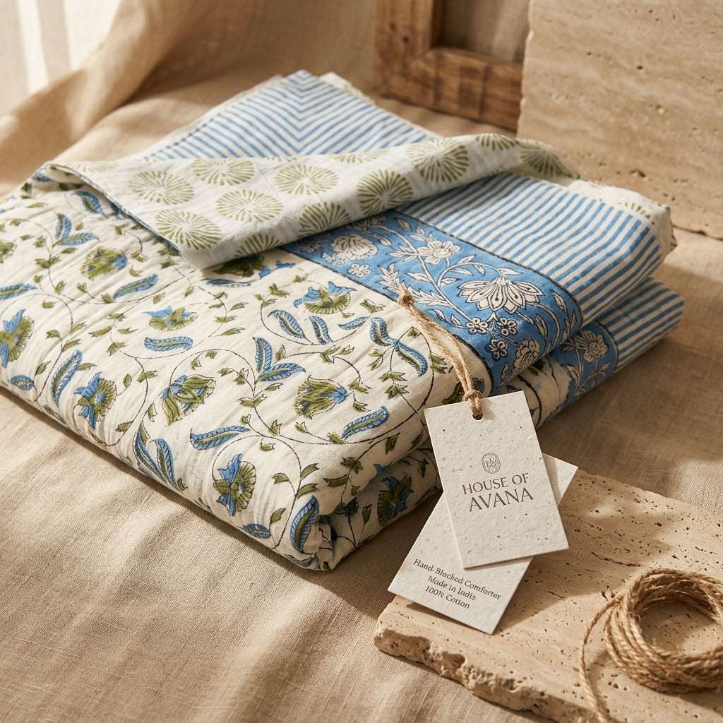 Cream & Blue & Green Floral Jaipur Indian hand block print floral quilted comforter | Jaipur Indian hand block print cotton muslin quilted comforter | Sanganer floral block print bedding | Queen King size quilt India | House of Avana [[SKU:HOA-COM-BLGN-037]]