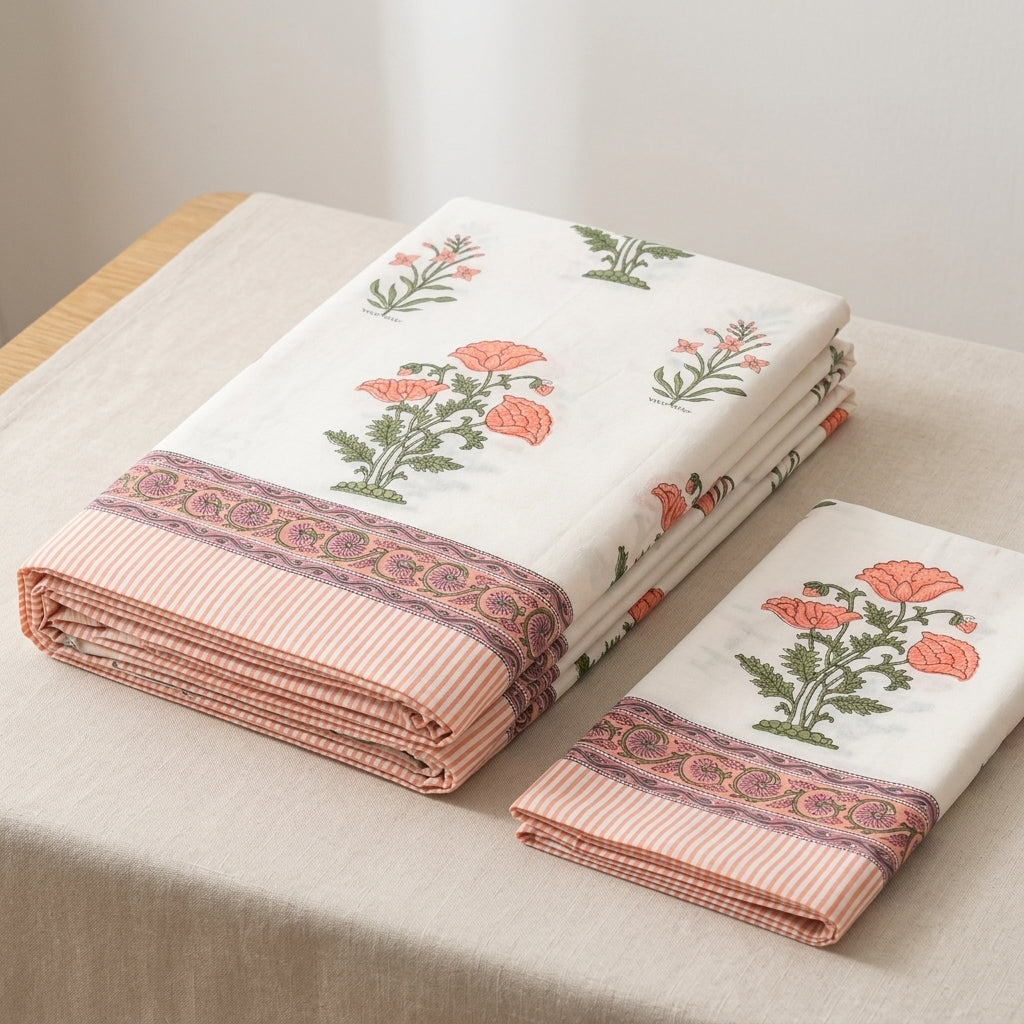White & Coral Green Floral Sanganeri hand block print cotton bedsheet set | Jaipur Indian hand block print bedsheet with pillow shams | House of Avana