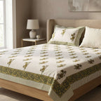 Cream & Olive Green Buti Floral Sanganeri hand block print cotton bedsheet set | Jaipur Indian hand block print bedsheet with pillow shams | House of Avana [[SKU:HOA-IND-BS-OGGN-014]]