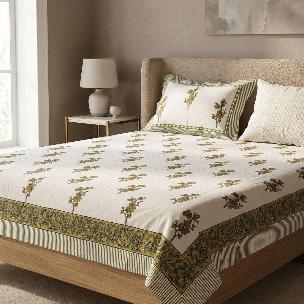 Cream & Olive Green Buti Floral Sanganeri hand block print cotton bedsheet set | Jaipur Indian hand block print bedsheet with pillow shams | House of Avana [[SKU:HOA-IND-BS-OGGN-014]]