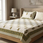 Cream & Olive Green Buti Floral Sanganeri hand block print cotton bedsheet set | Jaipur Indian hand block print bedsheet with pillow shams | House of Avana