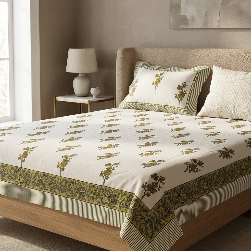 Cream & Olive Green Buti Floral Sanganeri hand block print cotton bedsheet set | Jaipur Indian hand block print bedsheet with pillow shams | House of Avana