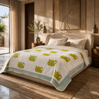 Cream & Olive Green & Mustard Floral Jaipur Indian hand block print botanical quilted comforter | Jaipur Indian hand block print cotton muslin quilted comforter | Sanganer botanical block print bedding | Queen King size quilt India | House of Avana