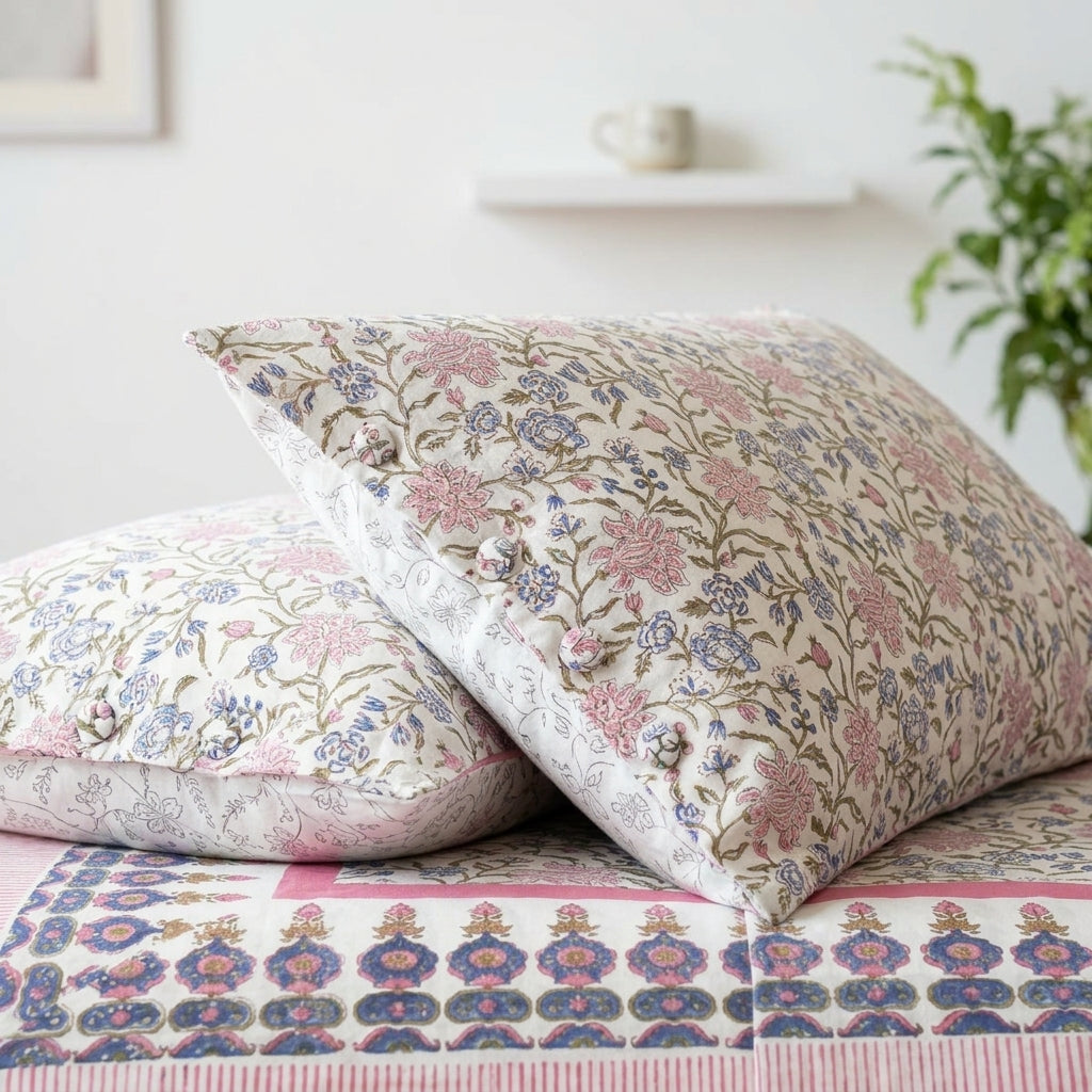 Cream & Pink Blue Floral Sanganeri hand block print cotton bedsheet set | Jaipur Indian hand block print bedsheet with pillow shams | House of Avana
