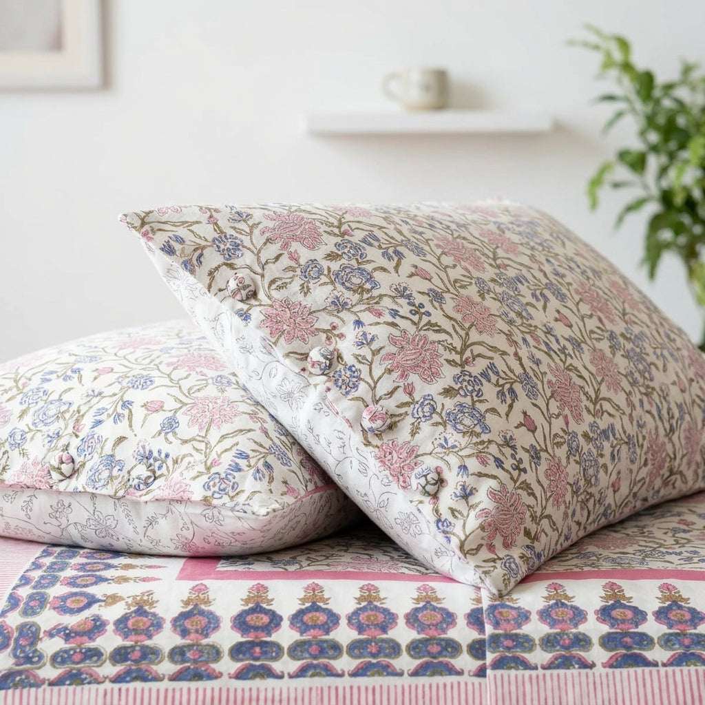 Cream & Pink Blue Floral Sanganeri hand block print cotton bedsheet set | Jaipur Indian hand block print bedsheet with pillow shams | House of Avana [[SKU:HOA-IND-BS-PKBL-006]]