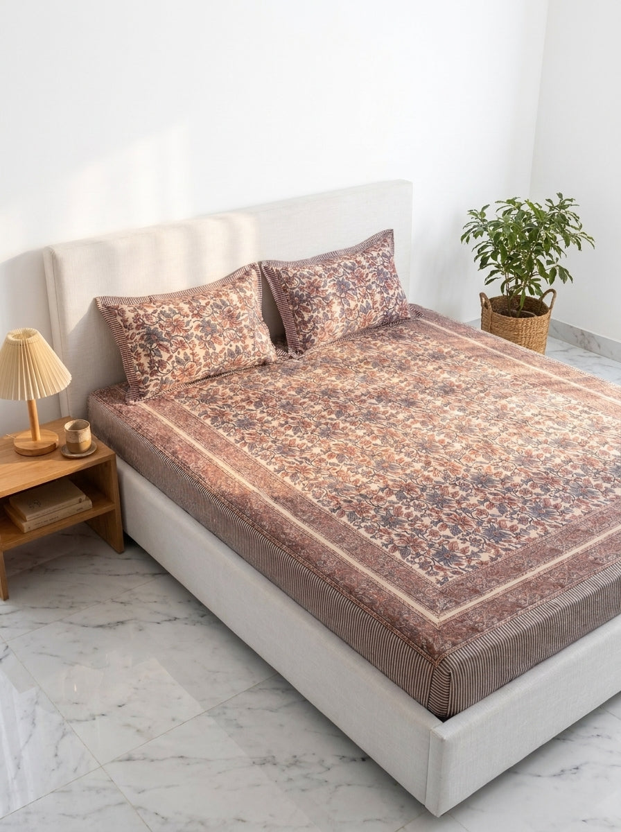 Cream & Rust Blue Vintage Floral Sanganeri hand block print cotton bedsheet set | Jaipur Indian hand block print bedsheet with pillow shams | House of Avana