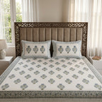 White & Grey Sage Green Buti Sanganeri hand block print cotton bedsheet set | Jaipur Indian hand block print bedsheet with pillow shams | House of Avana