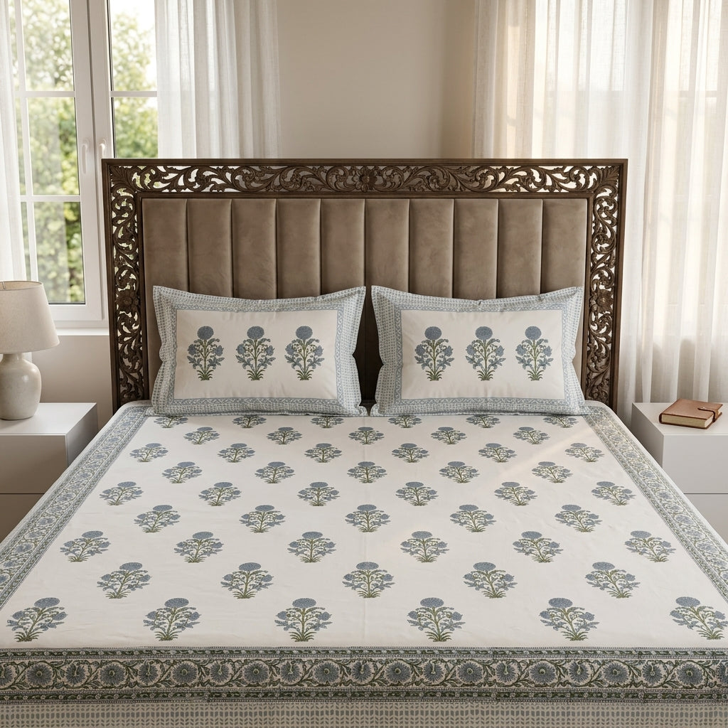 White & Grey Sage Green Buti Sanganeri hand block print cotton bedsheet set | Jaipur Indian hand block print bedsheet with pillow shams | House of Avana