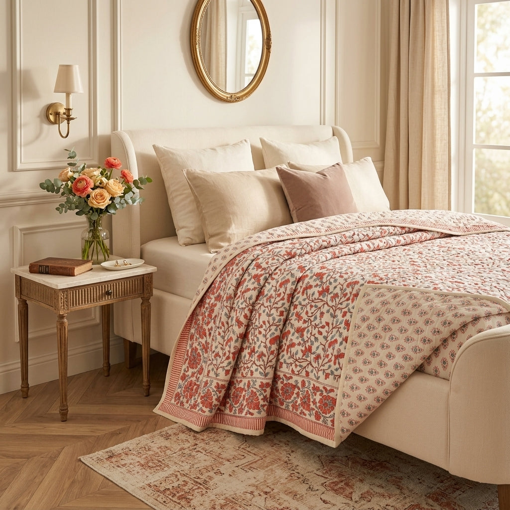Cream & Coral Pink Floral Jaipur Indian hand block print floral quilted comforter | Jaipur Indian hand block print cotton muslin quilted comforter | Sanganer floral block print bedding | Queen King size quilt India | House of Avana