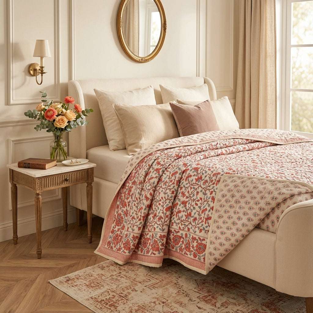 Cream & Coral Pink Floral Jaipur Indian hand block print floral quilted comforter | Jaipur Indian hand block print cotton muslin quilted comforter | Sanganer floral block print bedding | Queen King size quilt India | House of Avana [[SKU:HOA-COM-COSG-029]]