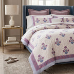 Cream & Purple & Blue Floral Jaipur Indian hand block print floral quilted comforter | Jaipur Indian hand block print cotton muslin quilted comforter | Sanganer floral block print bedding | Queen King size quilt India | House of Avana