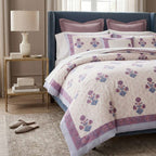 Cream & Purple & Blue Floral Jaipur Indian hand block print floral quilted comforter | Jaipur Indian hand block print cotton muslin quilted comforter | Sanganer floral block print bedding | Queen King size quilt India | House of Avana [[SKU:HOA-COM-PRBL-036]]