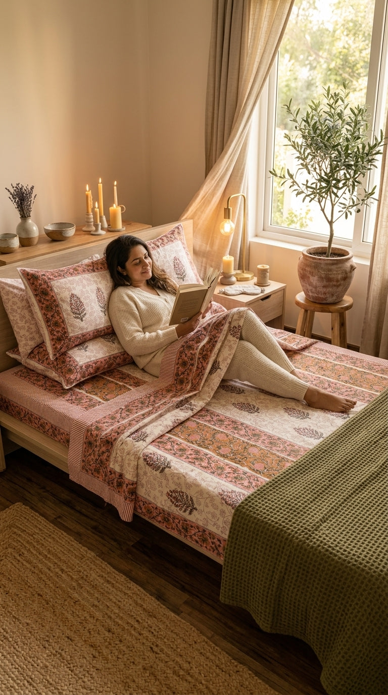 Cream & Rose Pink Floral Sanganeri hand block print cotton bedsheet set | Jaipur Indian hand block print bedsheet with pillow shams | House of Avana