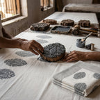 Cream & Charcoal Grey Floral Jaipur Indian hand block print medallion quilted comforter | Jaipur Indian hand block print cotton muslin quilted comforter | Sanganer medallion block print bedding | Queen King size quilt India | House of Avana