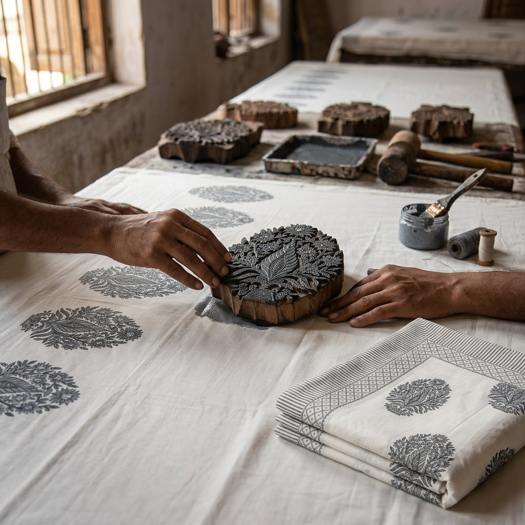 Cream & Charcoal Grey Floral Jaipur Indian hand block print medallion quilted comforter | Jaipur Indian hand block print cotton muslin quilted comforter | Sanganer medallion block print bedding | Queen King size quilt India | House of Avana