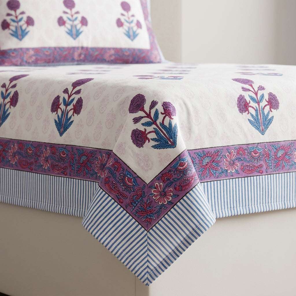 Cream & Purple Blue Mughal Floral Sanganeri hand block print cotton bedsheet set | Jaipur Indian hand block print bedsheet with pillow shams | House of Avana [[SKU:HOA-IND-BS-PRBL-010]]