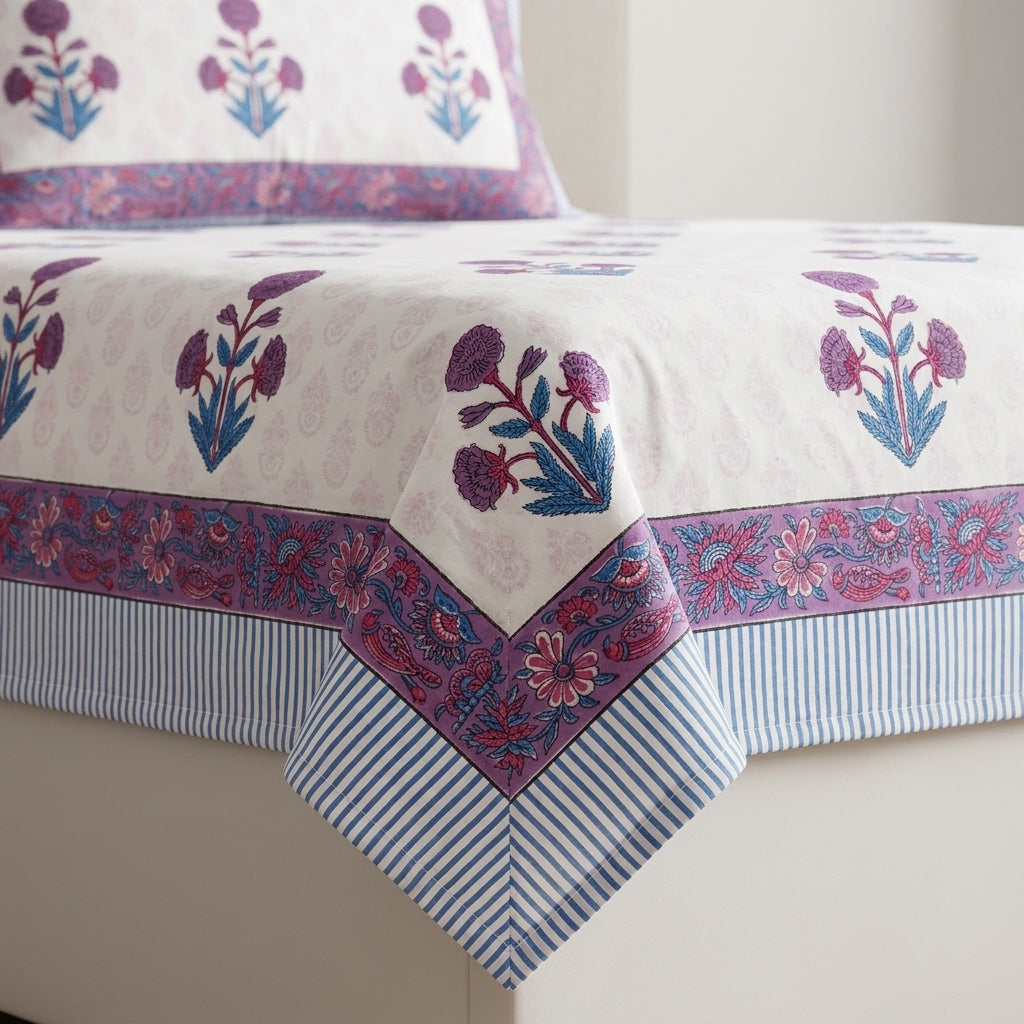 Cream & Purple Blue Mughal Floral Sanganeri hand block print cotton bedsheet set | Jaipur Indian hand block print bedsheet with pillow shams | House of Avana