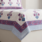 Cream & Purple Blue Mughal Floral Sanganeri hand block print cotton bedsheet set | Jaipur Indian hand block print bedsheet with pillow shams | House of Avana