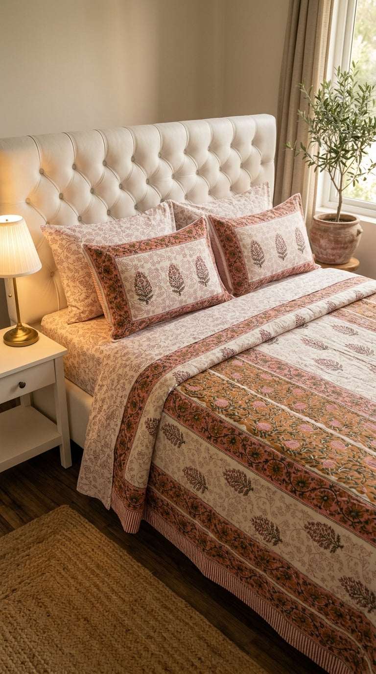 Cream & Rose Pink Floral Sanganeri hand block print cotton bedsheet set | Jaipur Indian hand block print bedsheet with pillow shams | House of Avana [[SKU:HOA-IND-BS-RPGN-002]]