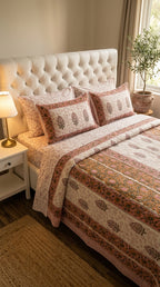 Cream & Rose Pink Floral Sanganeri hand block print cotton bedsheet set | Jaipur Indian hand block print bedsheet with pillow shams | House of Avana