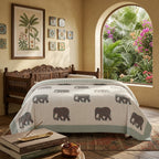 Cream & Grey Elephant Jaipur Indian hand block print elephant quilted comforter | Jaipur Indian hand block print cotton muslin quilted comforter | Sanganer elephant block print bedding | Queen King size quilt India | House of Avana