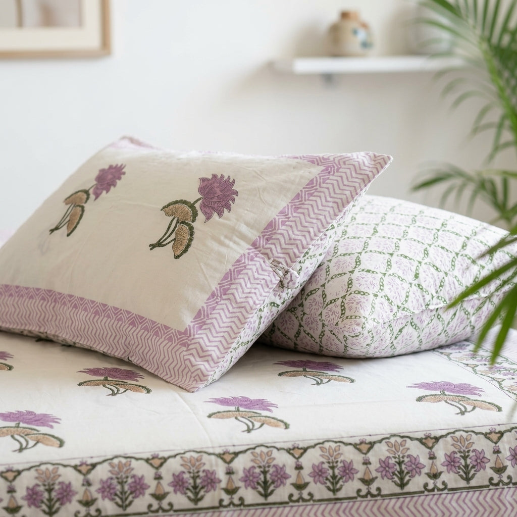 White & Purple Mauve Lotus Buti Sanganeri hand block print cotton bedsheet set | Jaipur Indian hand block print bedsheet with pillow shams | House of Avana