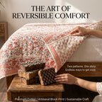 Cream & Coral Pink Floral Jaipur Indian hand block print floral quilted comforter | Jaipur Indian hand block print cotton muslin quilted comforter | Sanganer floral block print bedding | Queen King size quilt India | House of Avana