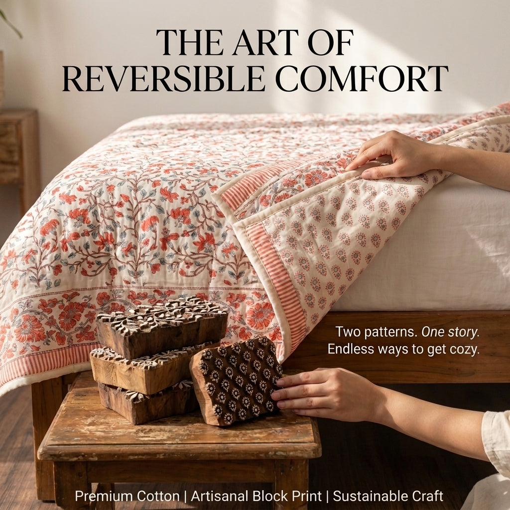 Cream & Coral Pink Floral Jaipur Indian hand block print floral quilted comforter | Jaipur Indian hand block print cotton muslin quilted comforter | Sanganer floral block print bedding | Queen King size quilt India | House of Avana