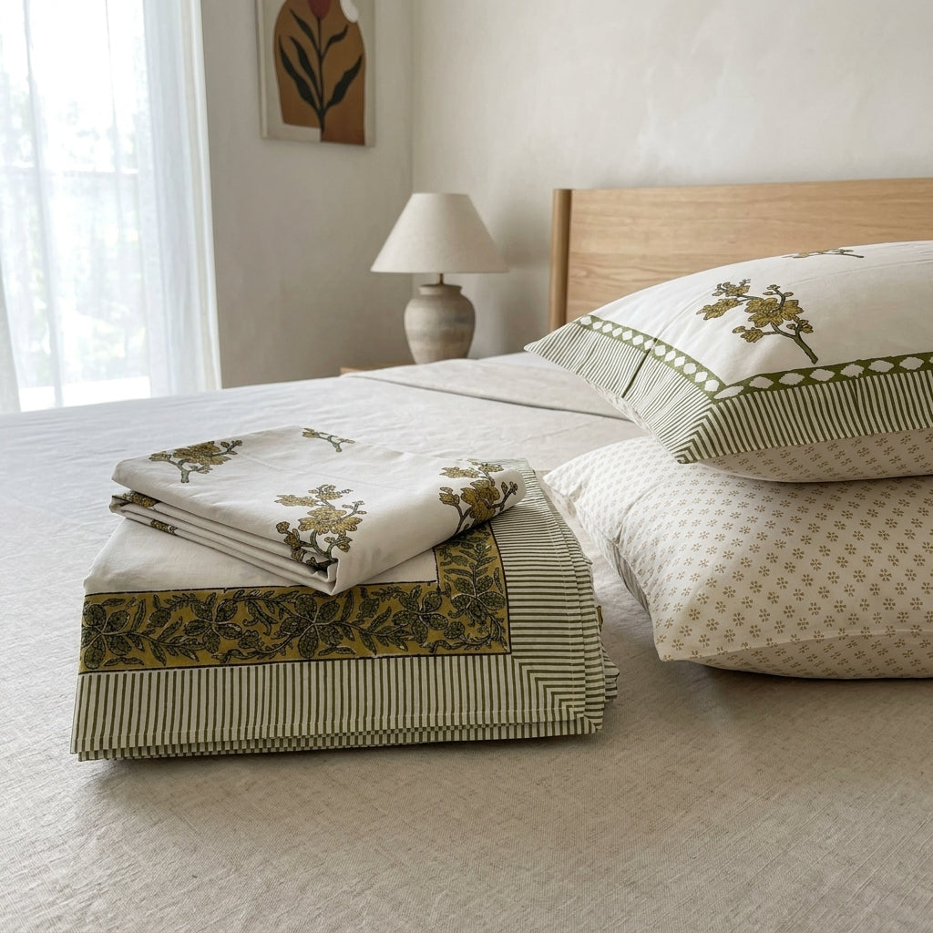 Cream & Olive Green Buti Floral Sanganeri hand block print cotton bedsheet set | Jaipur Indian hand block print bedsheet with pillow shams | House of Avana