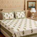 Cream & Olive Green Buti Floral Sanganeri hand block print cotton bedsheet set | Jaipur Indian hand block print bedsheet with pillow shams | House of Avana [[SKU:HOA-IND-BS-OGGN-014]]