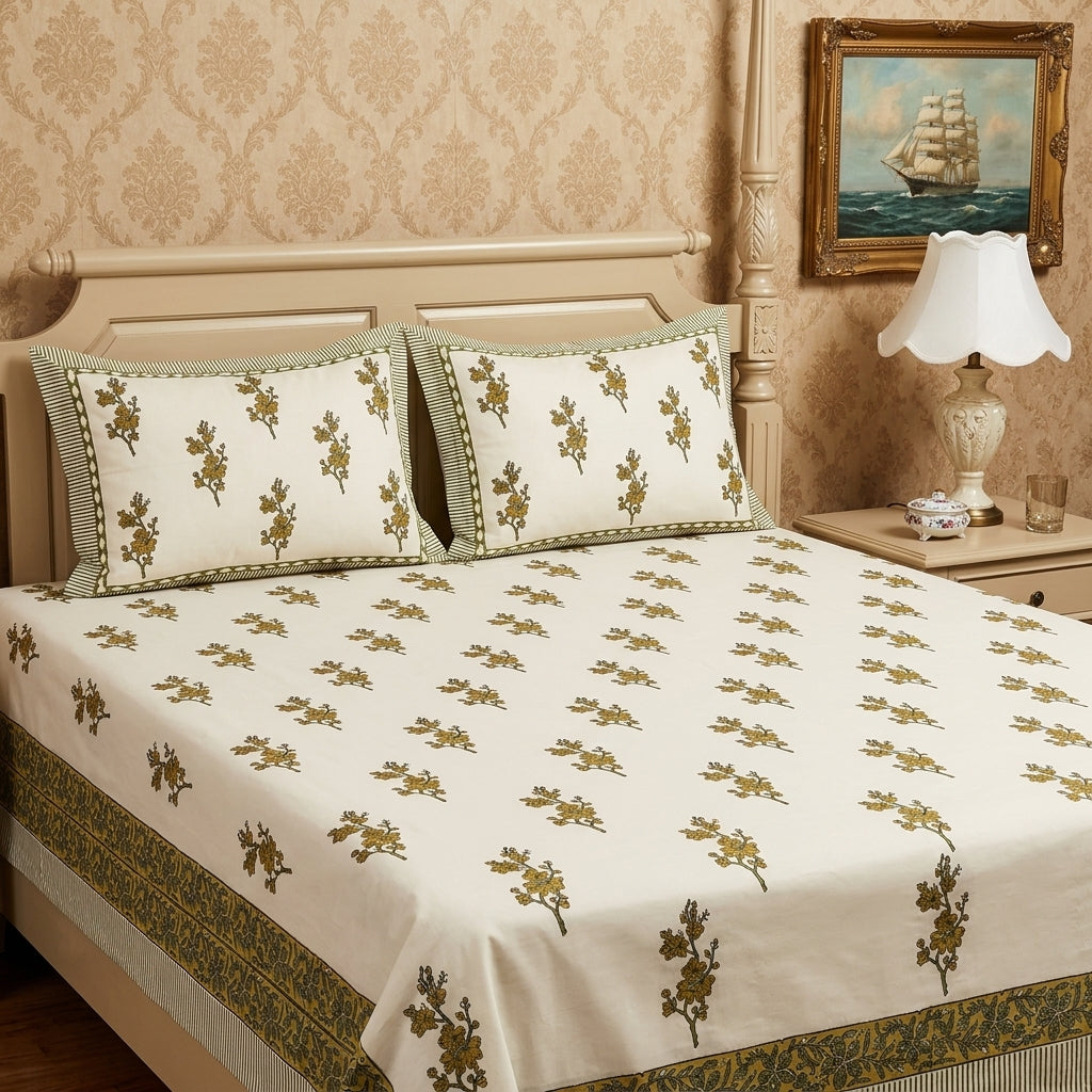 Cream & Olive Green Buti Floral Sanganeri hand block print cotton bedsheet set | Jaipur Indian hand block print bedsheet with pillow shams | House of Avana