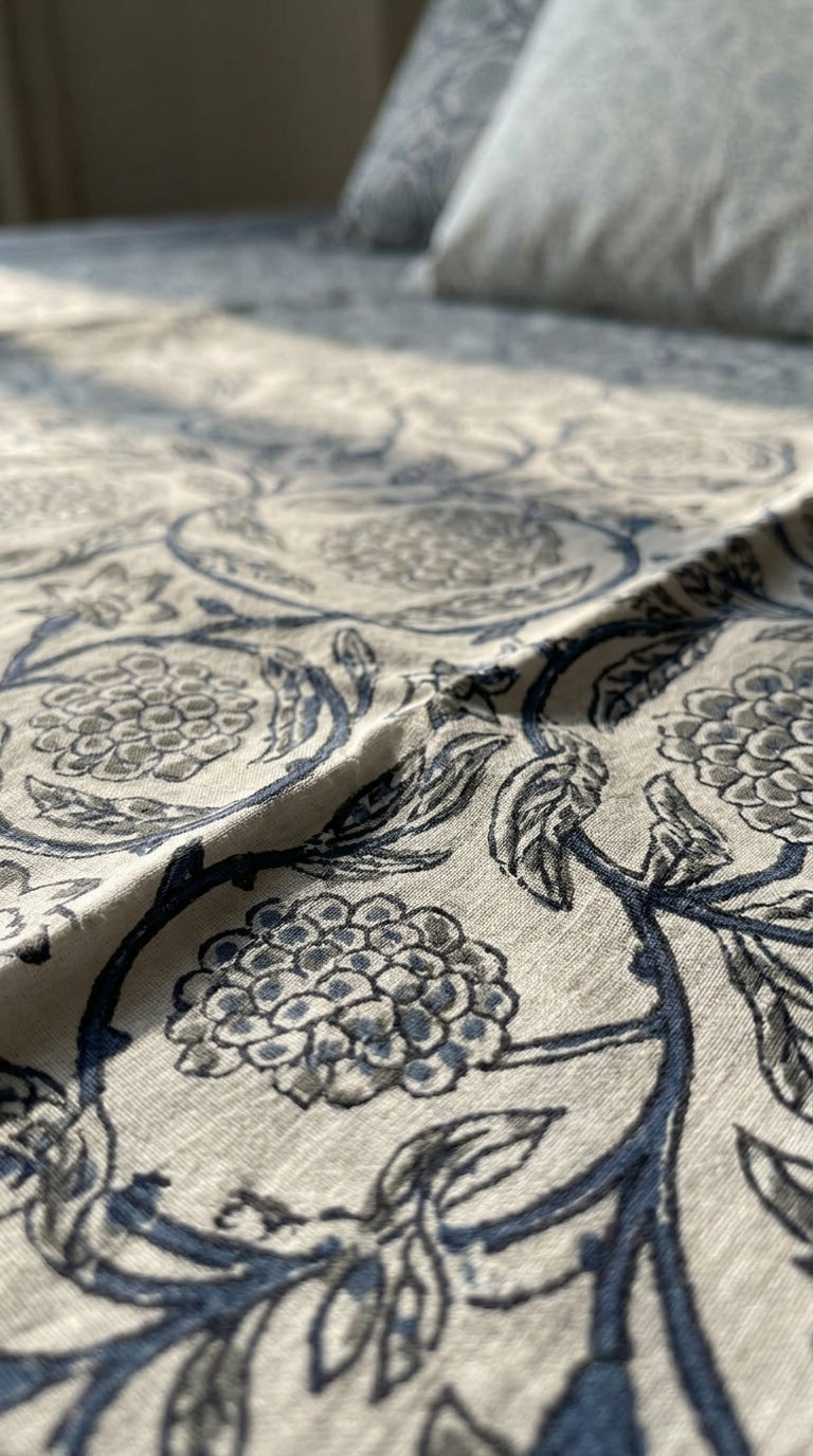 Cream & Indigo Blue Floral Sanganeri hand block print cotton bedsheet set | Jaipur Indian hand block print bedsheet with pillow shams | House of Avana