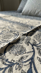 Cream & Indigo Blue Floral Sanganeri hand block print cotton bedsheet set | Jaipur Indian hand block print bedsheet with pillow shams | House of Avana