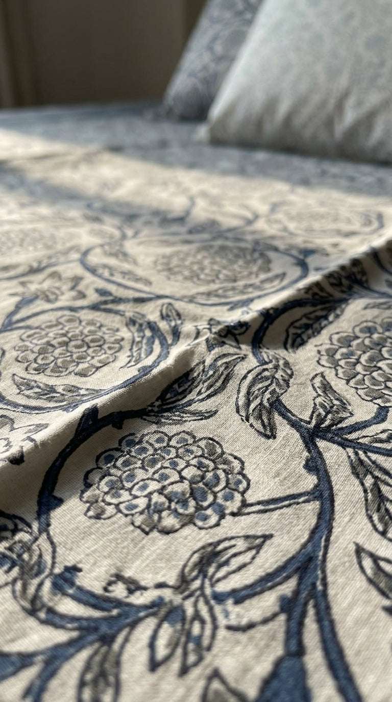 Cream & Indigo Blue Floral Sanganeri hand block print cotton bedsheet set | Jaipur Indian hand block print bedsheet with pillow shams | House of Avana [[SKU:HOA-IND-BS-IBCR-004]]