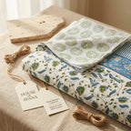 Cream & Blue Green Botanical Floral Sanganeri hand block print cotton bedsheet set | Jaipur Indian hand block print bedsheet with pillow shams | House of Avana