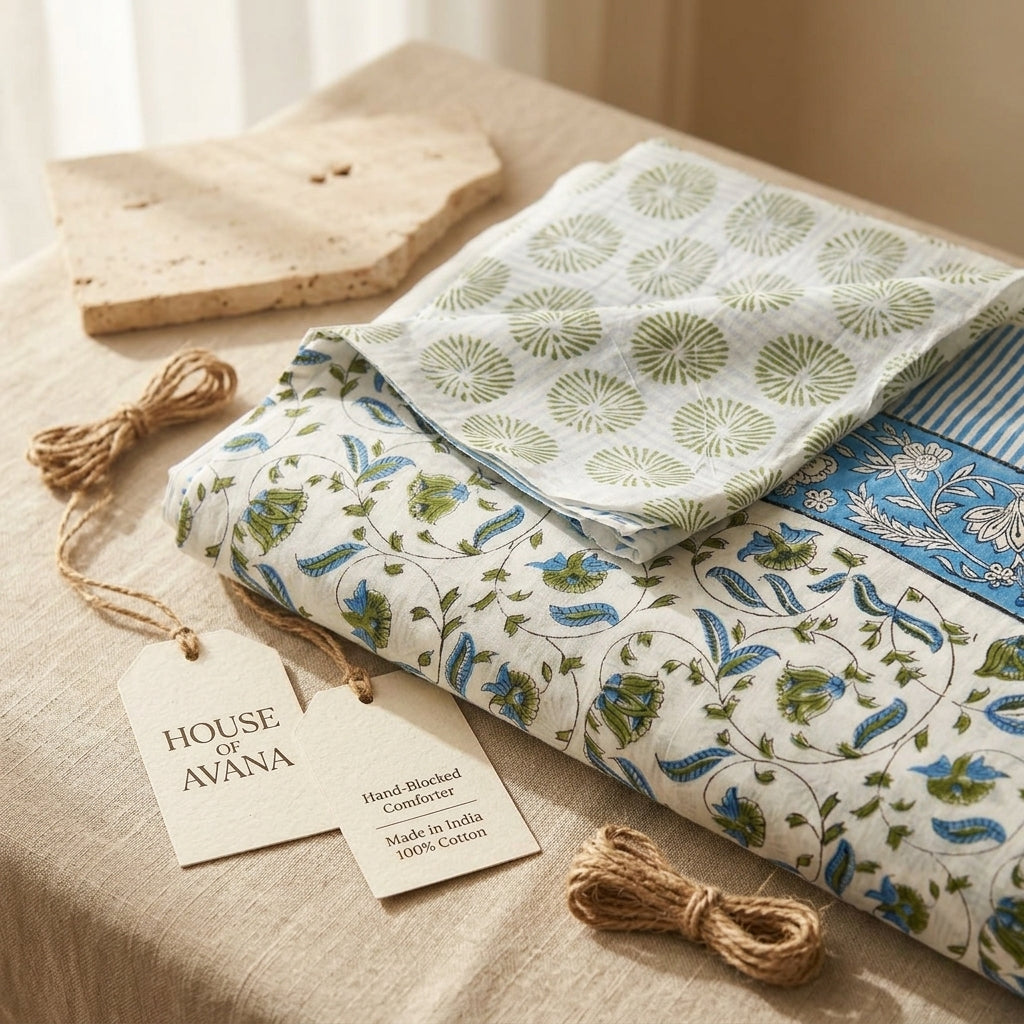 Cream & Blue Green Botanical Floral Sanganeri hand block print cotton bedsheet set | Jaipur Indian hand block print bedsheet with pillow shams | House of Avana