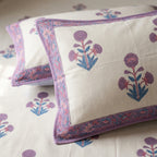 Cream & Purple Blue Mughal Floral Sanganeri hand block print cotton bedsheet set | Jaipur Indian hand block print bedsheet with pillow shams | House of Avana