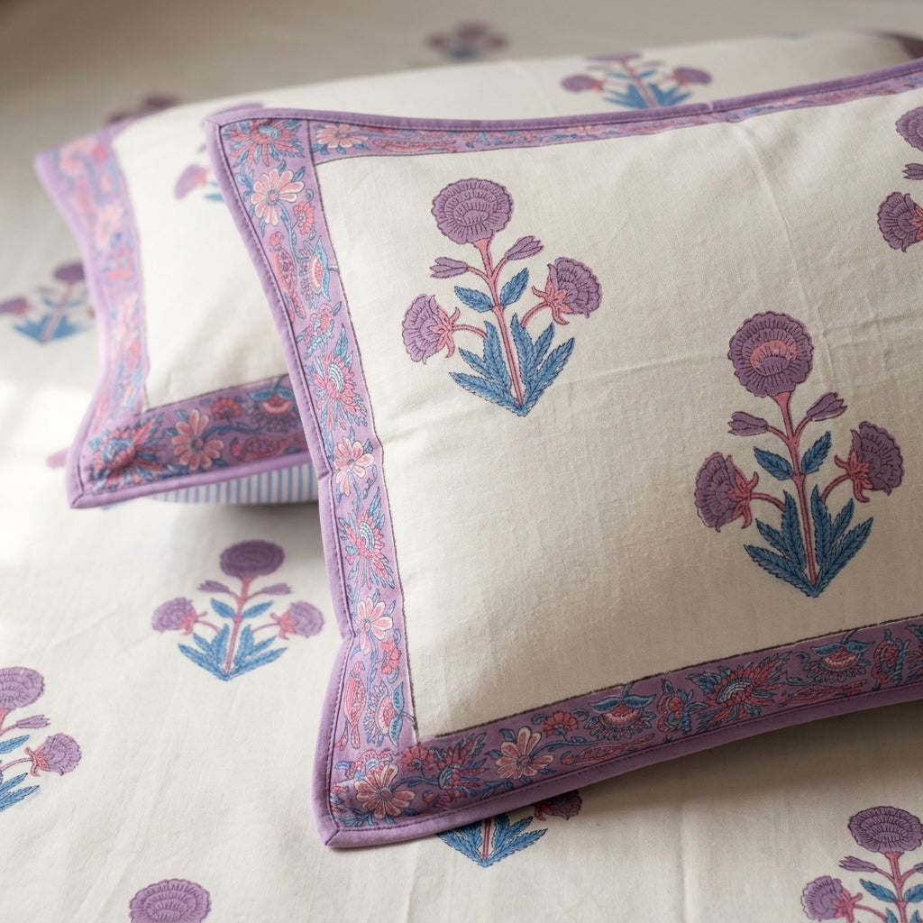Cream & Purple Blue Mughal Floral Sanganeri hand block print cotton bedsheet set | Jaipur Indian hand block print bedsheet with pillow shams | House of Avana