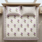 White & Purple Mauve Lotus Buti Sanganeri hand block print cotton bedsheet set | Jaipur Indian hand block print bedsheet with pillow shams | House of Avana