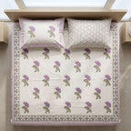 White & Purple Mauve Lotus Buti Sanganeri hand block print cotton bedsheet set | Jaipur Indian hand block print bedsheet with pillow shams | House of Avana [[SKU:HOA-IND-BS-PRMV-015]]