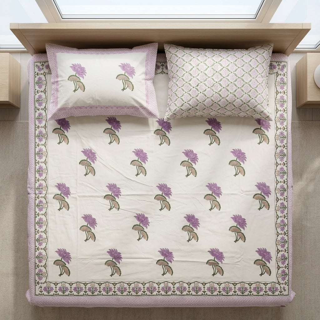 White & Purple Mauve Lotus Buti Sanganeri hand block print cotton bedsheet set | Jaipur Indian hand block print bedsheet with pillow shams | House of Avana [[SKU:HOA-IND-BS-PRMV-015]]