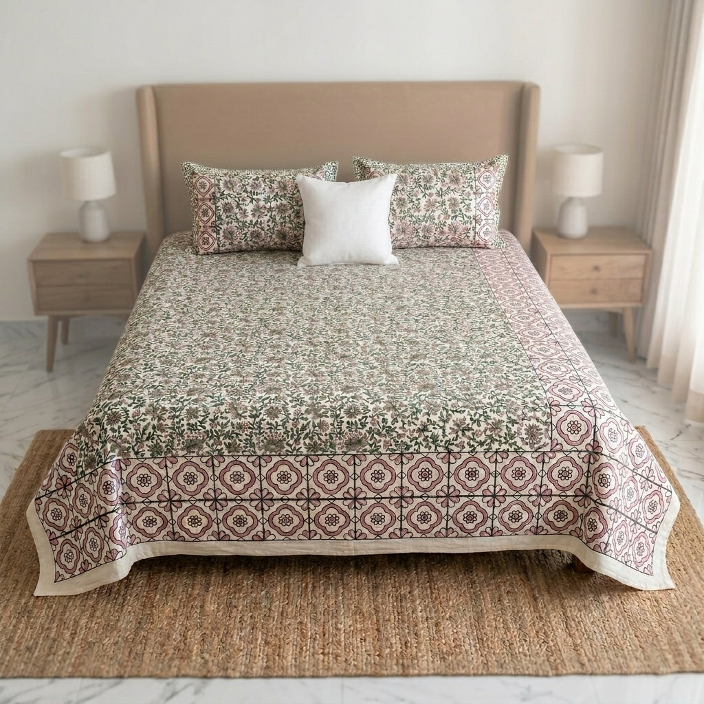 Cream & Sage Green Pink Trellis Floral Sanganeri hand block print cotton bedsheet set | Jaipur Indian hand block print bedsheet with pillow shams | House of Avana