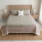 Cream & Sage Green Pink Trellis Floral Sanganeri hand block print cotton bedsheet set | Jaipur Indian hand block print bedsheet with pillow shams | House of Avana