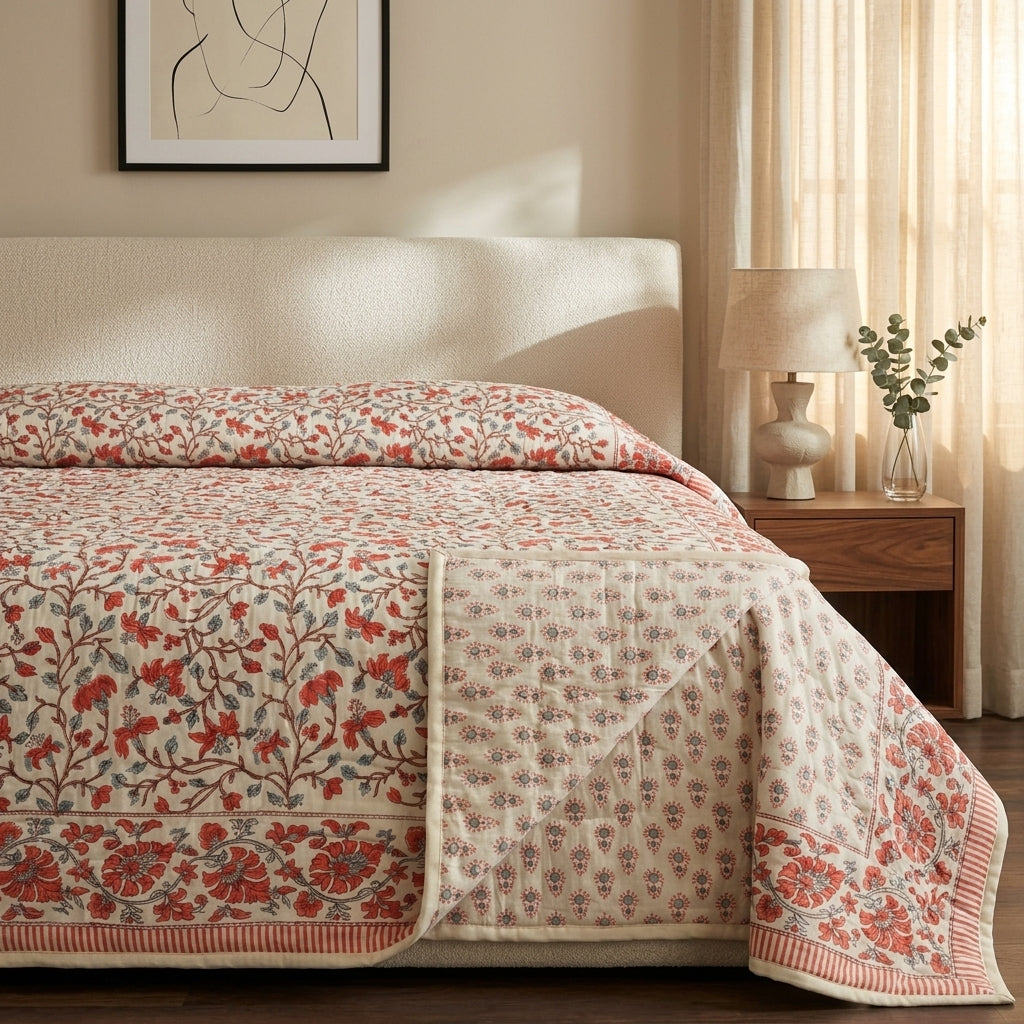 Cream & Coral Pink Floral Jaipur Indian hand block print floral quilted comforter | Jaipur Indian hand block print cotton muslin quilted comforter | Sanganer floral block print bedding | Queen King size quilt India | House of Avana