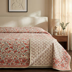 Cream & Coral Pink Floral Jaipur Indian hand block print floral quilted comforter | Jaipur Indian hand block print cotton muslin quilted comforter | Sanganer floral block print bedding | Queen King size quilt India | House of Avana